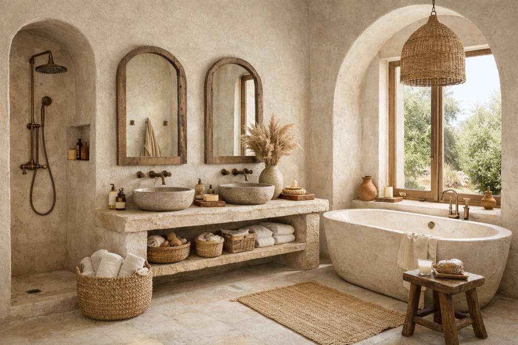 Inspiration méditerranéenne pour une salle de bain relaxante avec couleurs naturelles, matières brutes et accessoires choisis