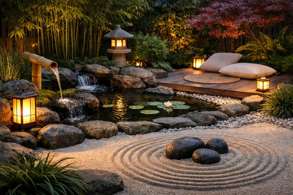 Idées pour un jardin ou balcon zen propice à la détente avec végétaux, minéraux, eau et éclairage doux