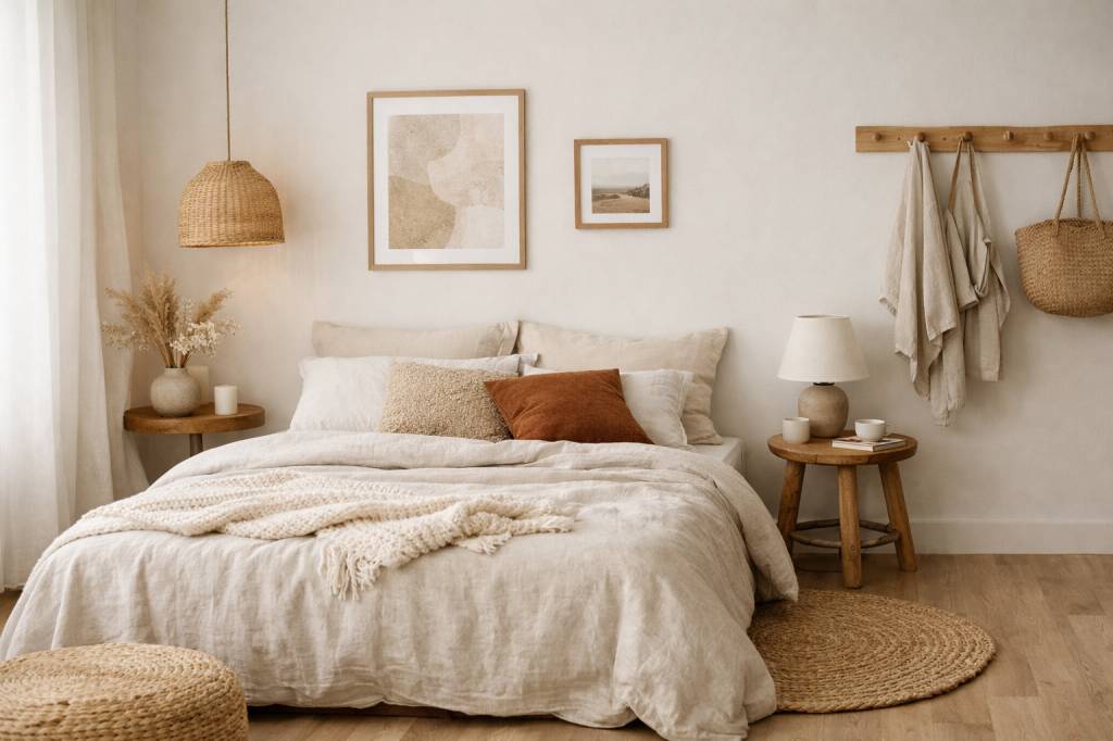 Inspiration scandinave pour une chambre minimaliste et chaleureuse avec une palette de couleurs douces et des matières naturelles