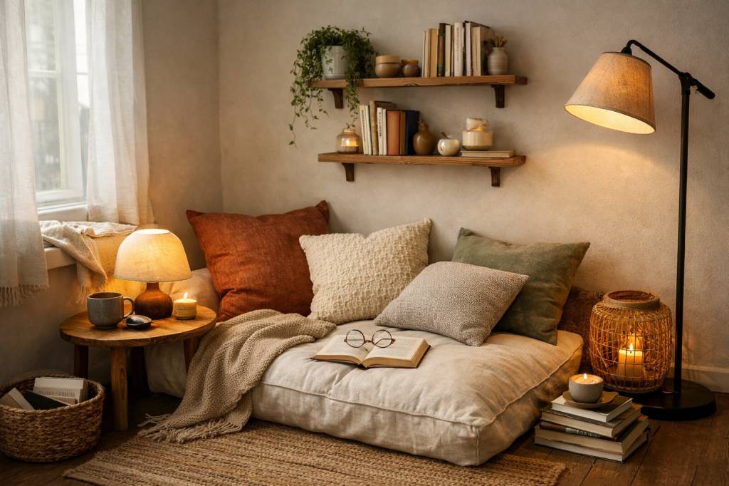 Aménager un coin lecture cosy avec peu de moyens grâce aux coussins, lampes d’appoint et petites étagères